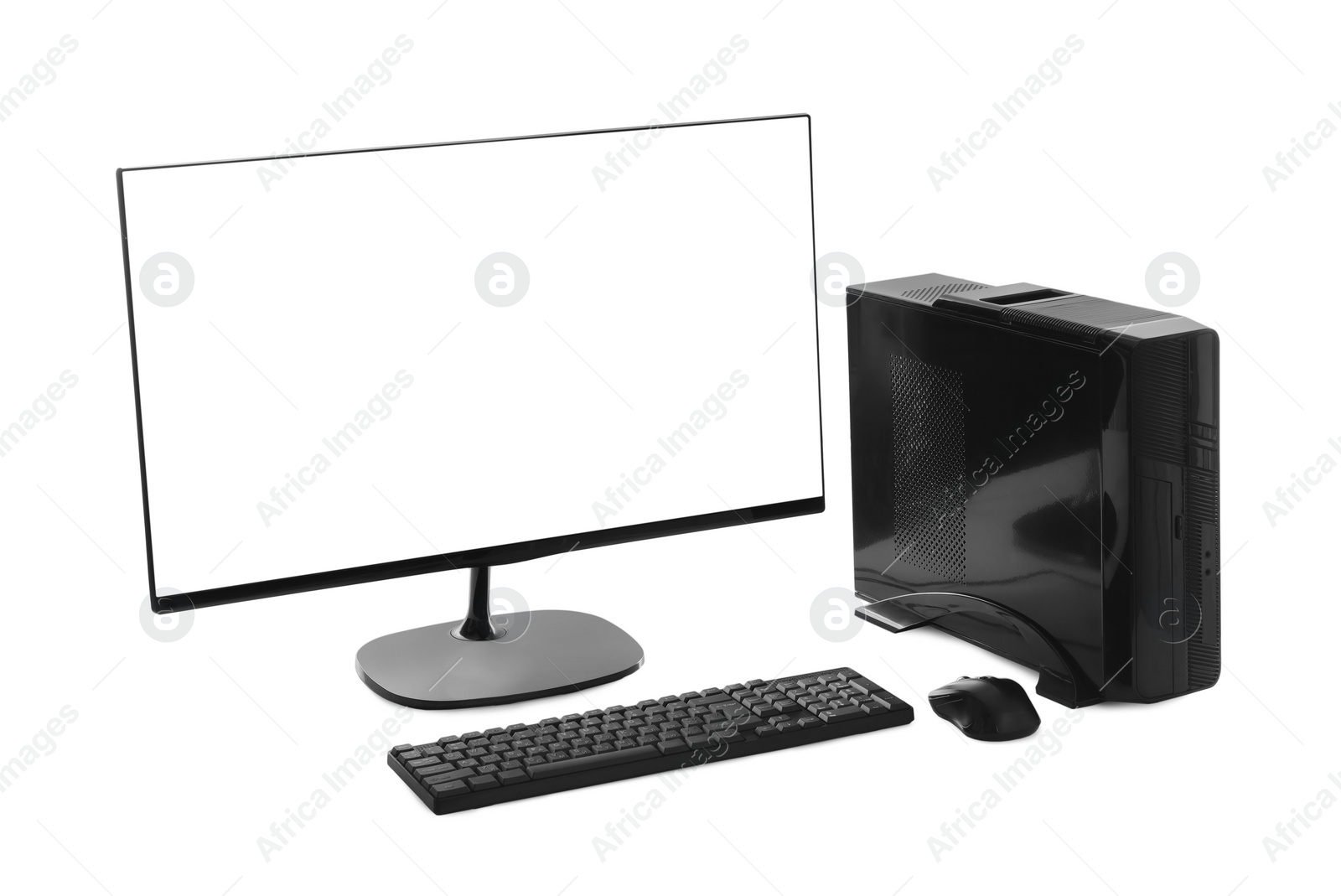 Photo of Modern computer monitor with black screen, keyboard and mouse on white background