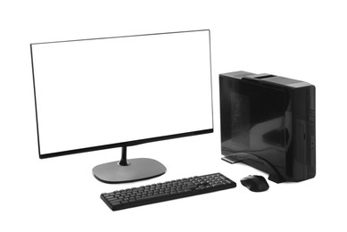 Photo of Modern computer monitor with black screen, keyboard and mouse on white background