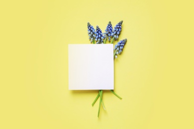 Photo of Flat lay composition with empty card and spring muscari flowers on color background. Space for text