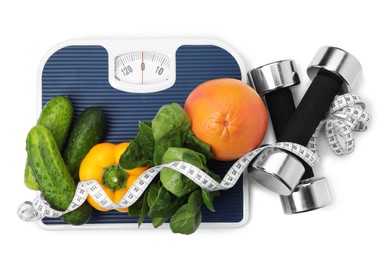 Photo of Scales, healthy food, measuring tape and dumbbells on white background, top view