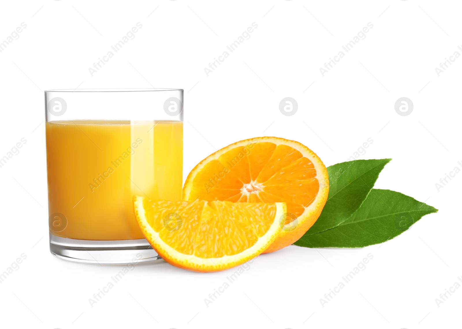 Photo of Tasty orange juice, fresh fruit and green leaves isolated on white