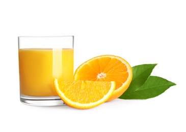 Photo of Tasty orange juice, fresh fruit and green leaves isolated on white