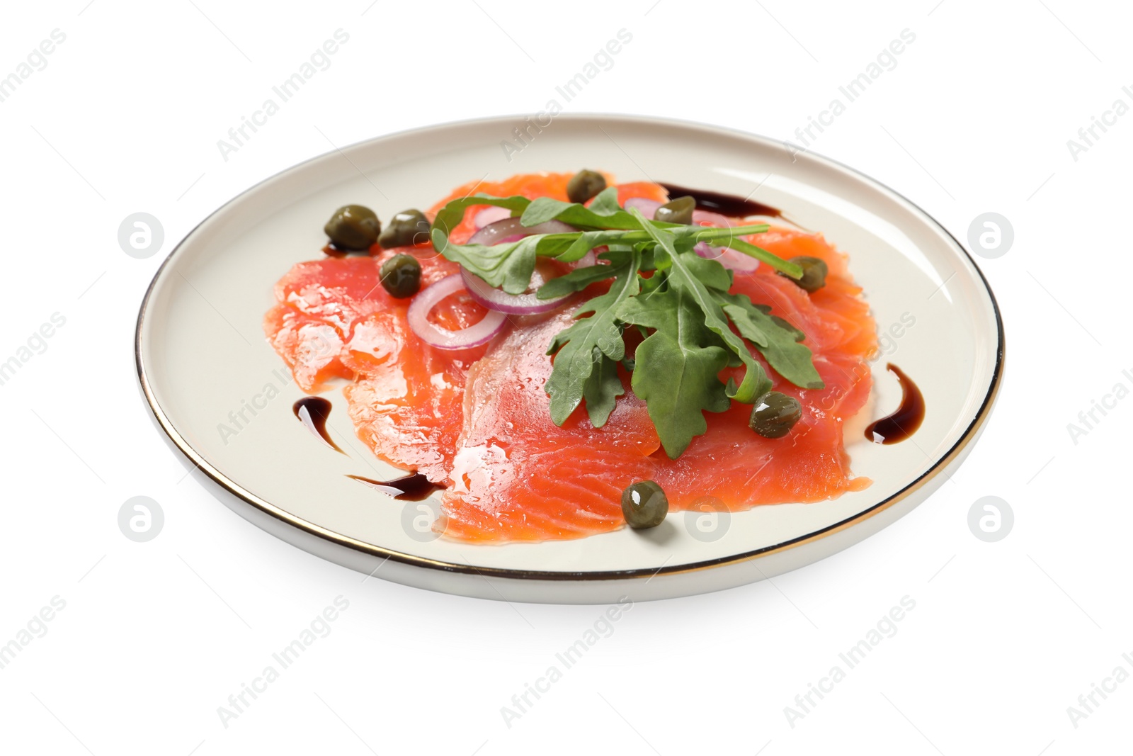 Photo of Delicious salmon carpaccio with arugula, capers and onion on white background