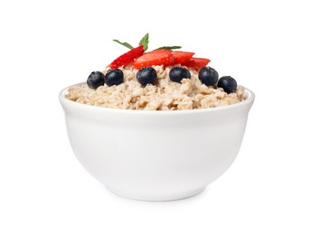 Photo of Tasty boiled oatmeal with berries in bowl isolated on white