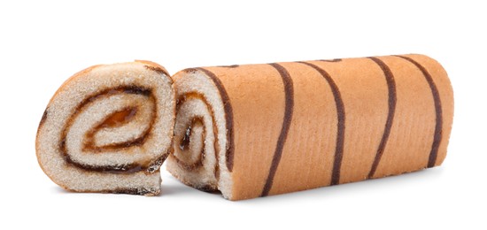 Tasty cake roll with jam on white background