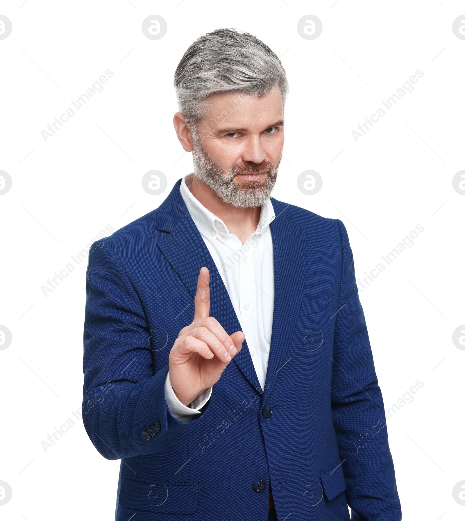 Photo of Mature businessman in stylish clothes posing on white background