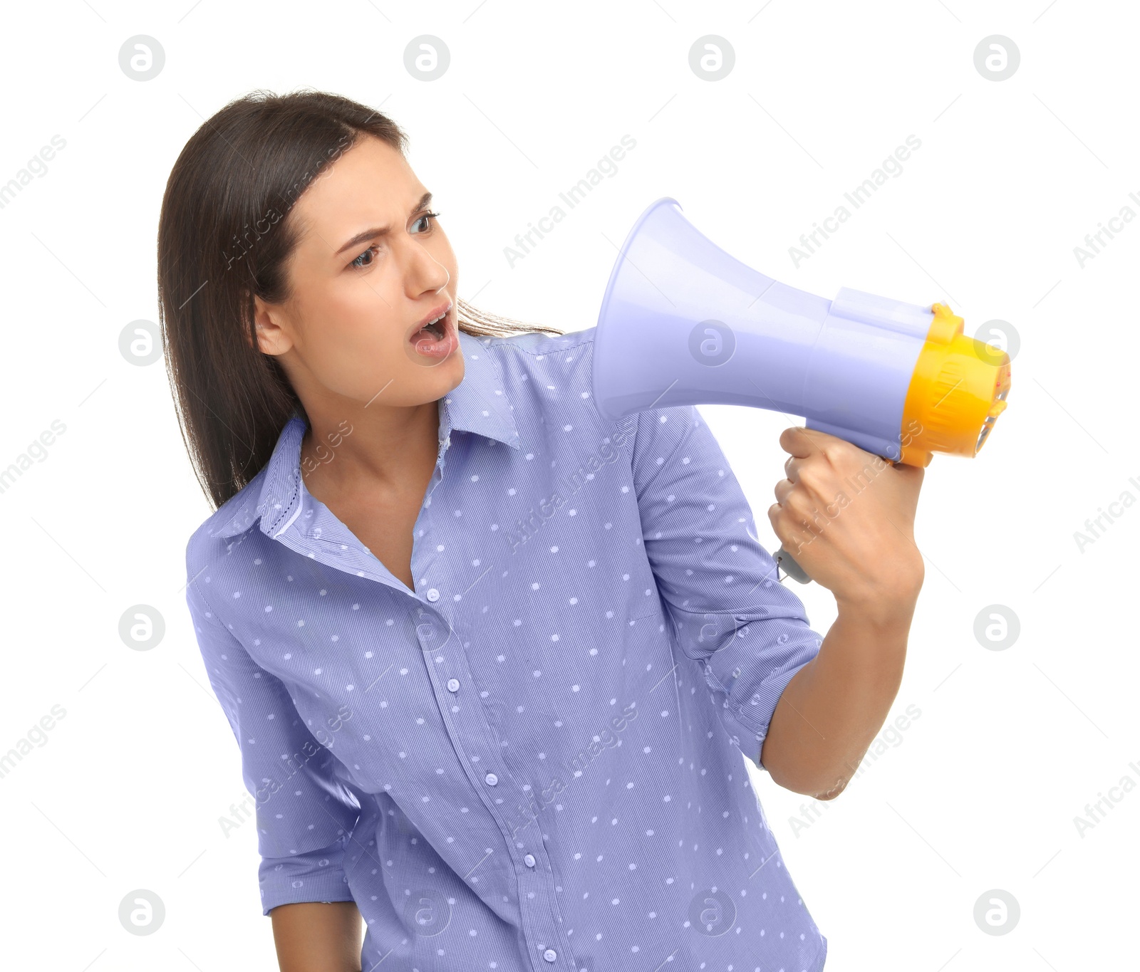 Photo of Young woman with megaphone on white background