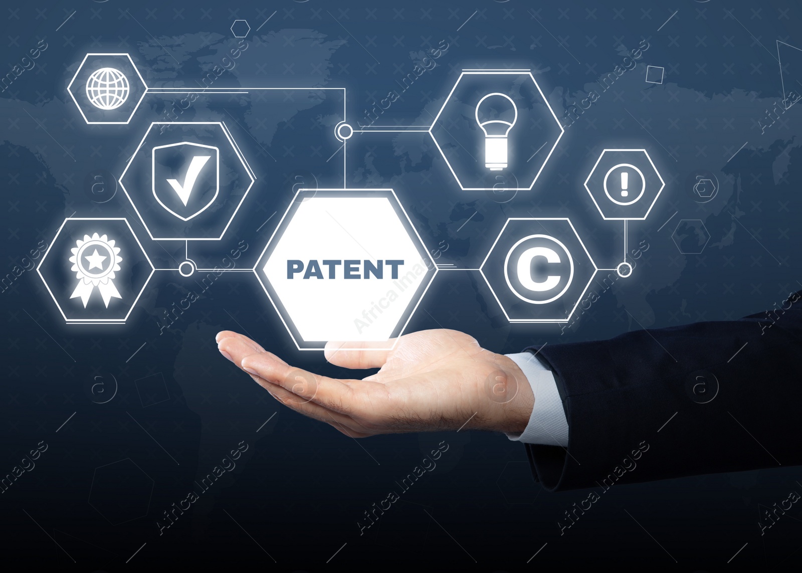 Image of Patent concept. Different virtual icons and man on color background, closeup