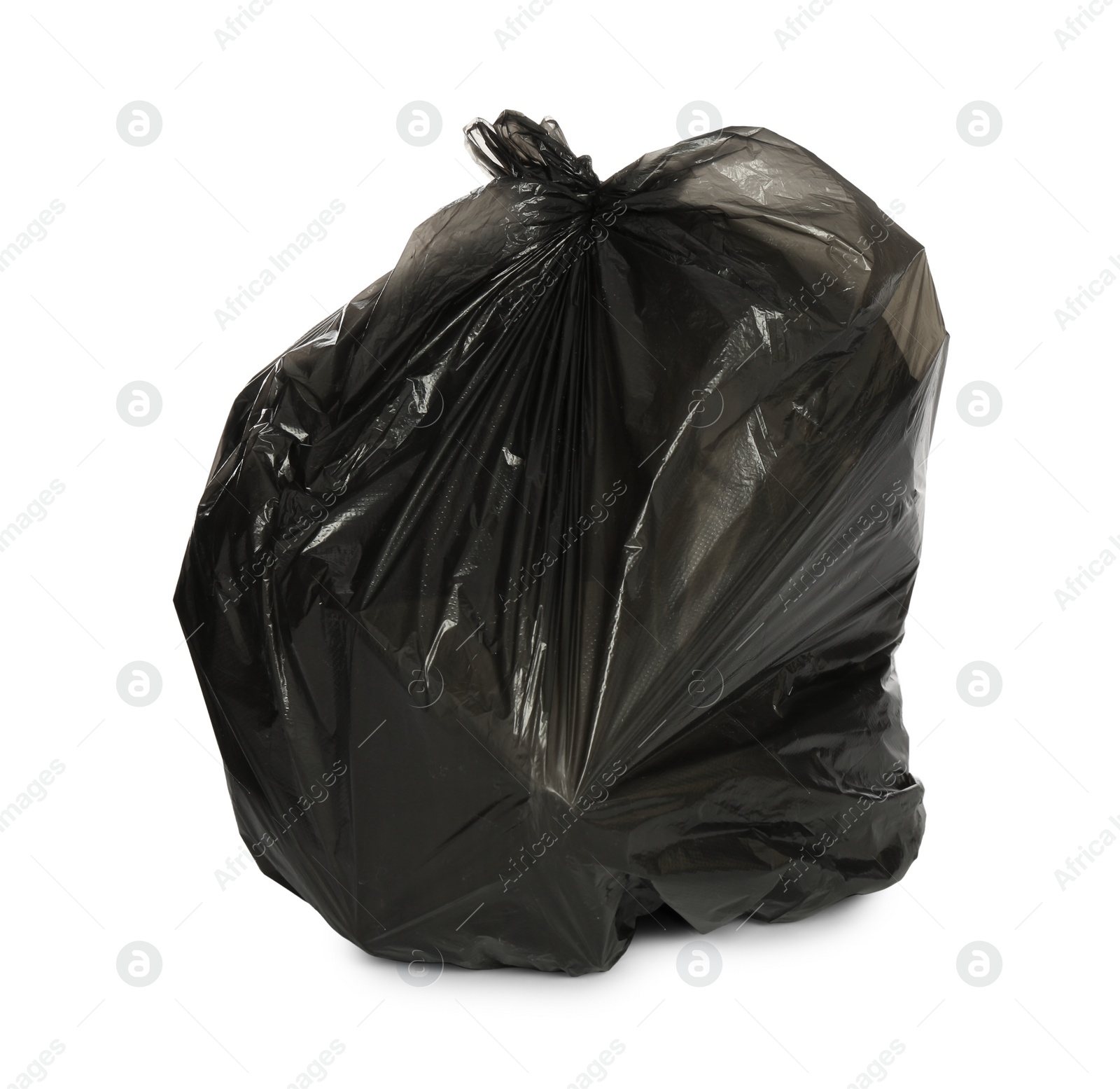 Photo of Black trash bag filled with garbage isolated on white