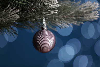 Beautiful holiday bauble hanging on Christmas tree against blue background with blurred festive lights