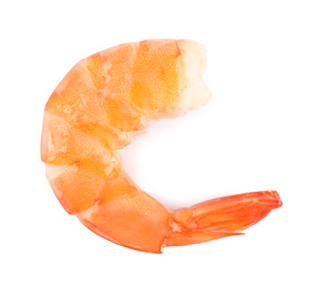 Delicious freshly cooked shrimp isolated on white, top view