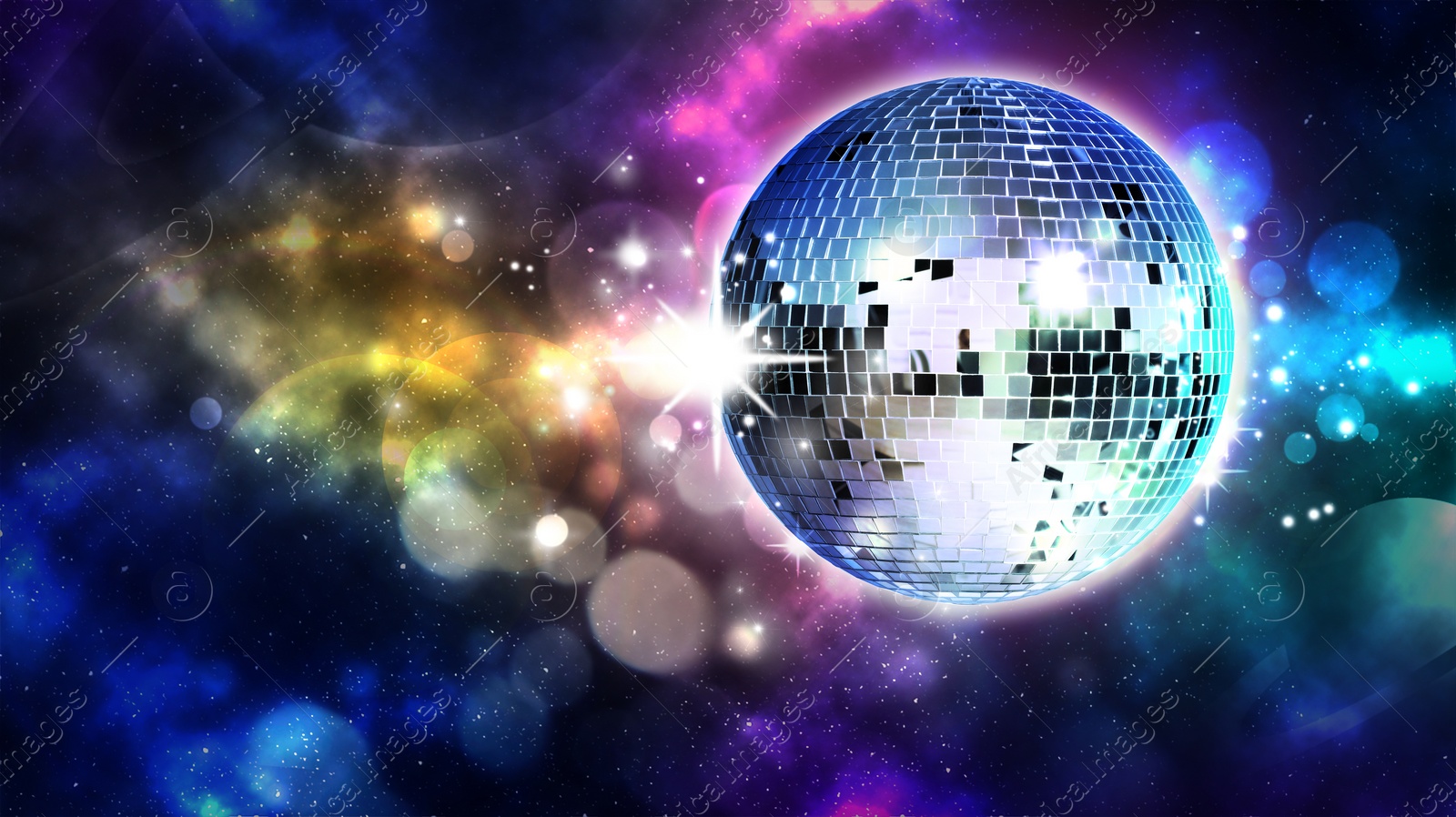 Image of Shiny disco ball against color starry background with blurred lights, banner design and space for text. Bokeh effect