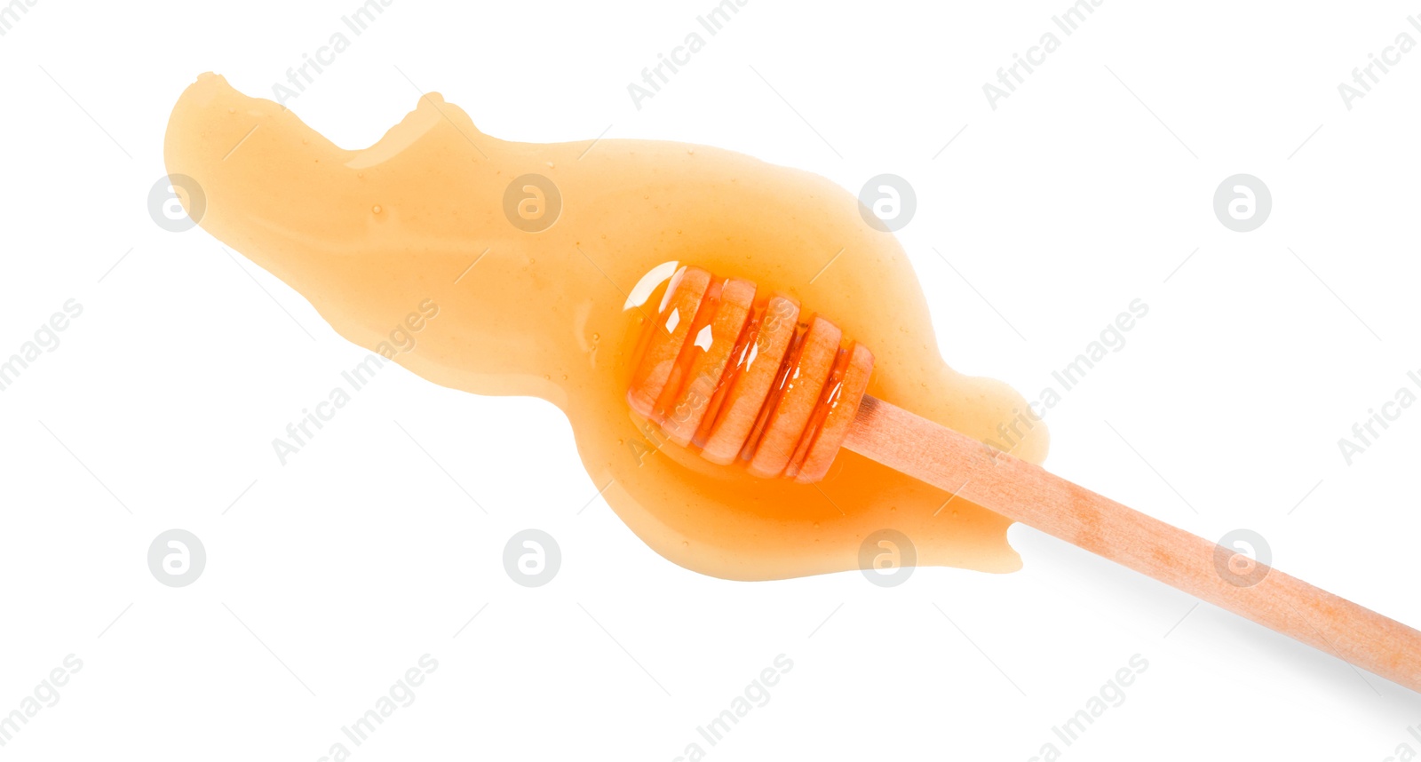 Photo of Tasty natural honey and dipper on white background, top view