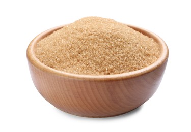 Photo of Brown sugar in wooden bowl isolated on white