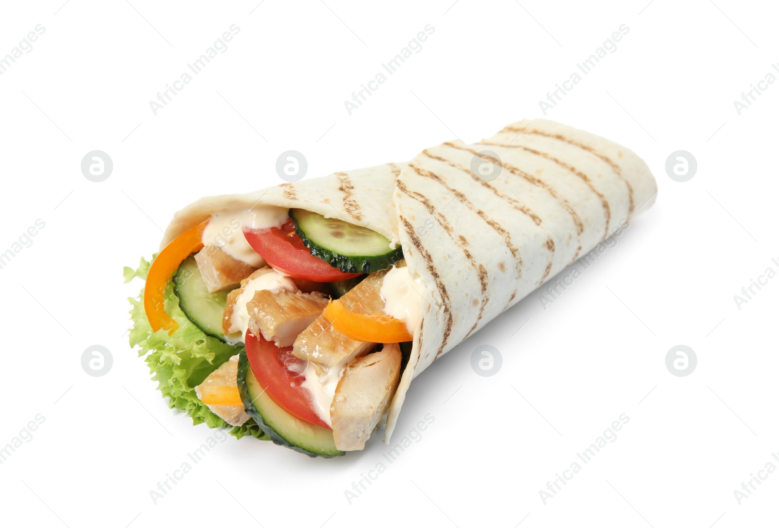 Photo of Tasty shawarma with chicken and vegetables isolated on white