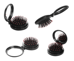 Image of Set with round folding hair brushes on white background