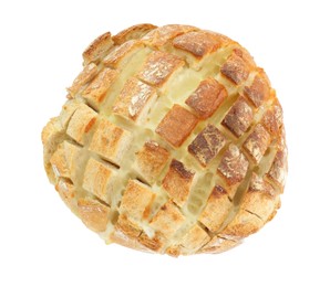 Delicious bread with tofu cheese isolated on white, top view