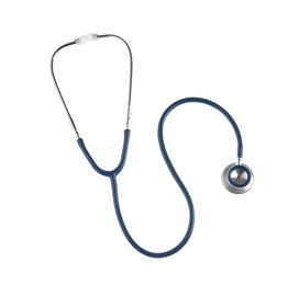 Photo of Stethoscope on white background, top view. Medical device