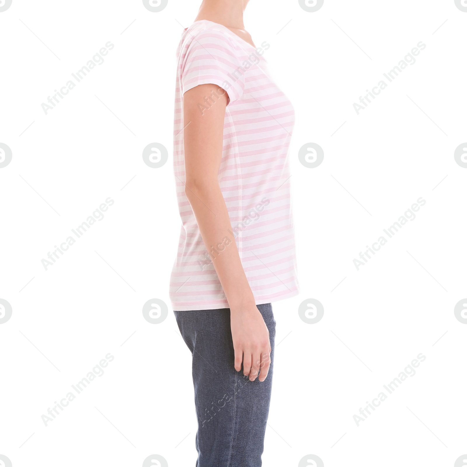 Photo of Young slim woman on white background, closeup. Weight loss