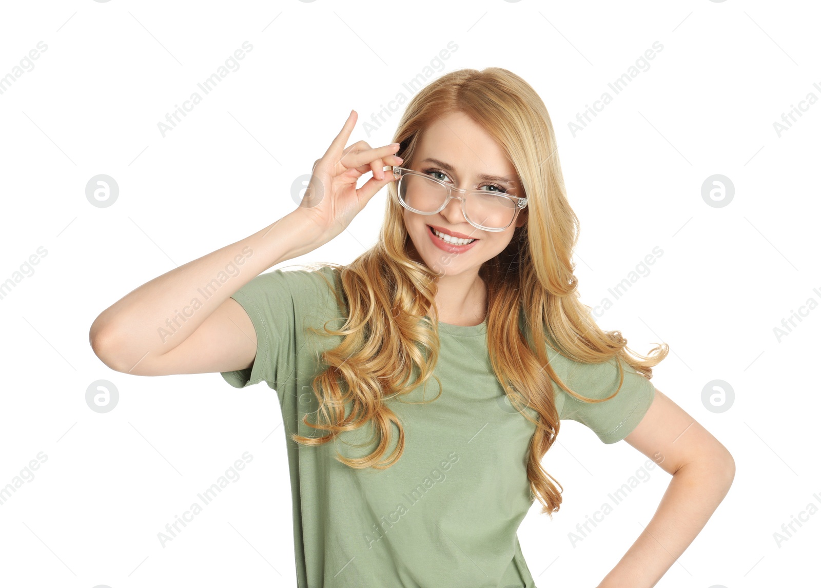 Photo of Portrait of beautiful young woman with dyed long hair on white background