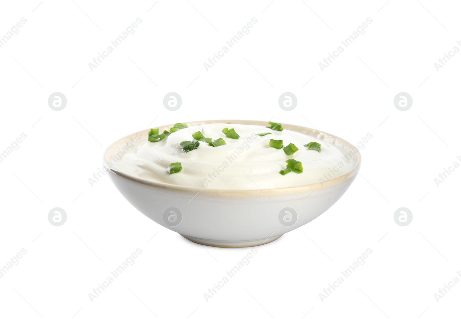 Photo of Fresh sour cream with onion on white background