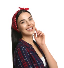 Photo of Fashionable young woman in stylish outfit with bandana on white background