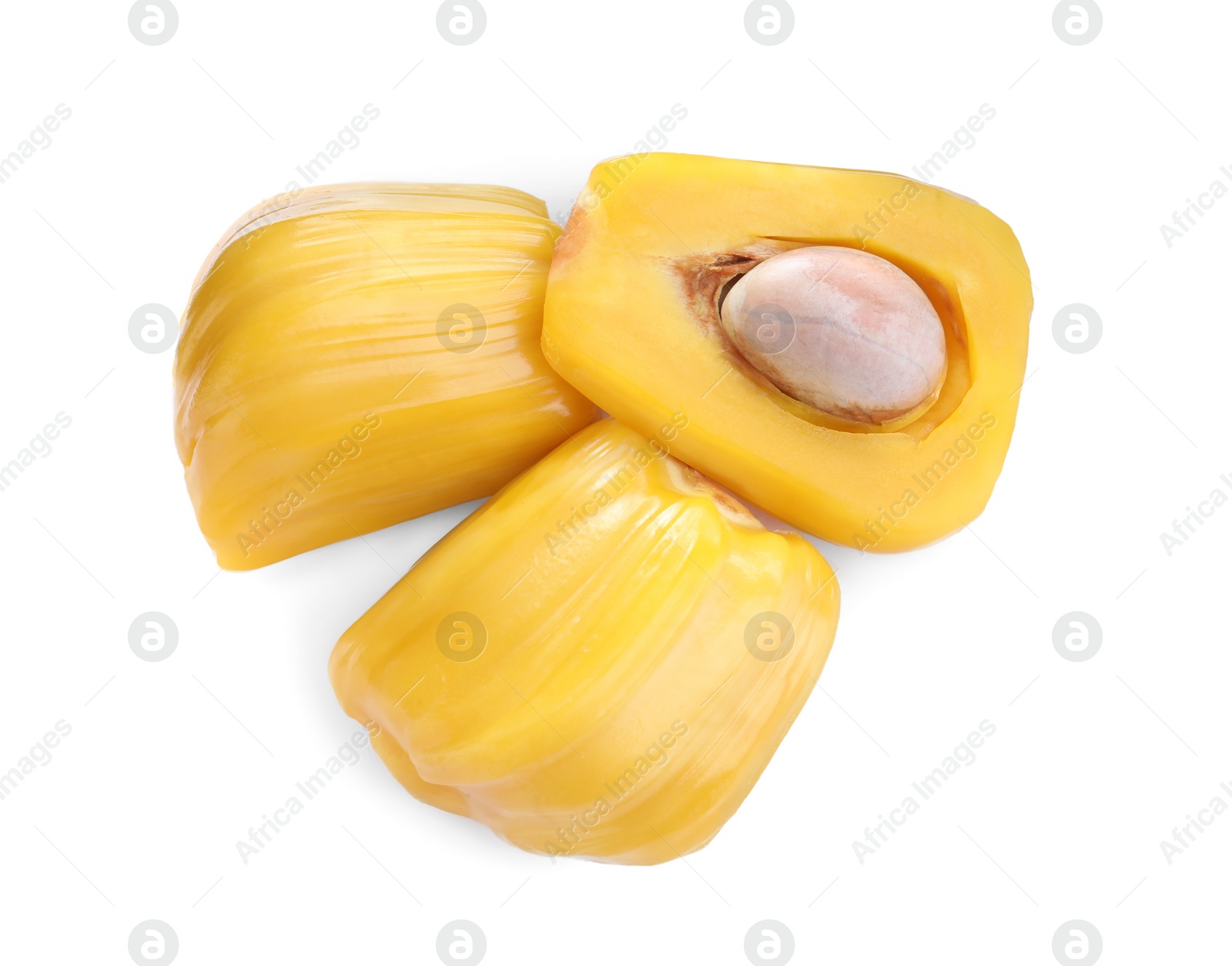 Photo of Delicious exotic jackfruit bulbs on white background, top view