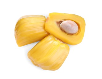 Delicious exotic jackfruit bulbs on white background, top view