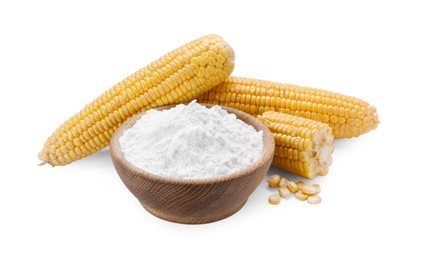 Bowl of corn starch, ripe cobs and kernels on white background