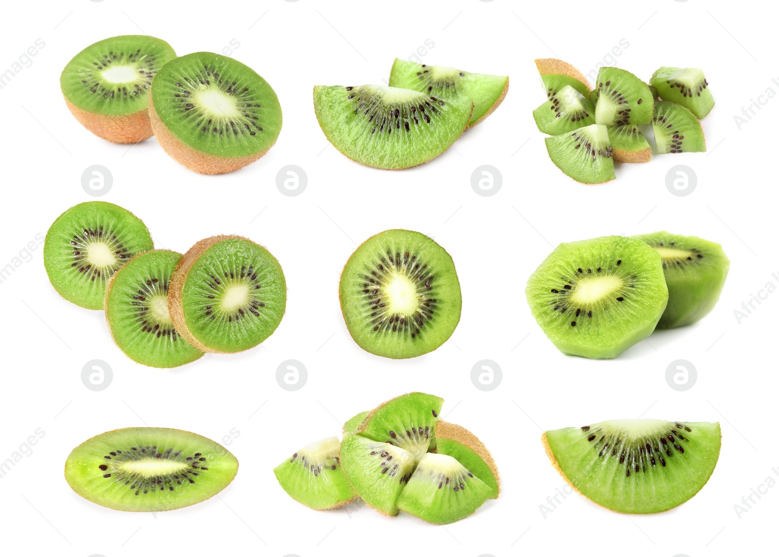 Image of Set with ripe kiwi fruits on white background