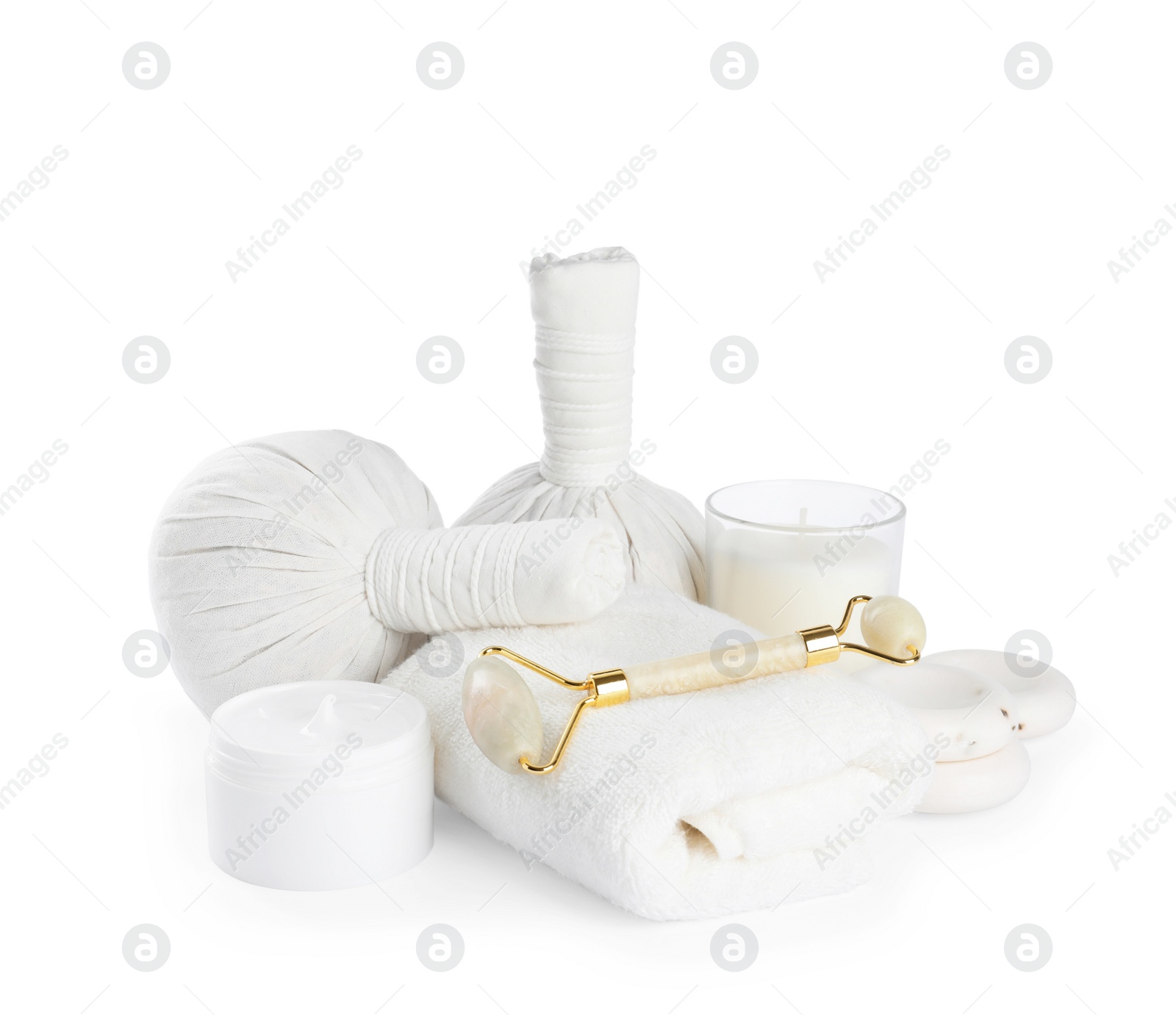 Photo of Beautiful composition with different spa products on white background