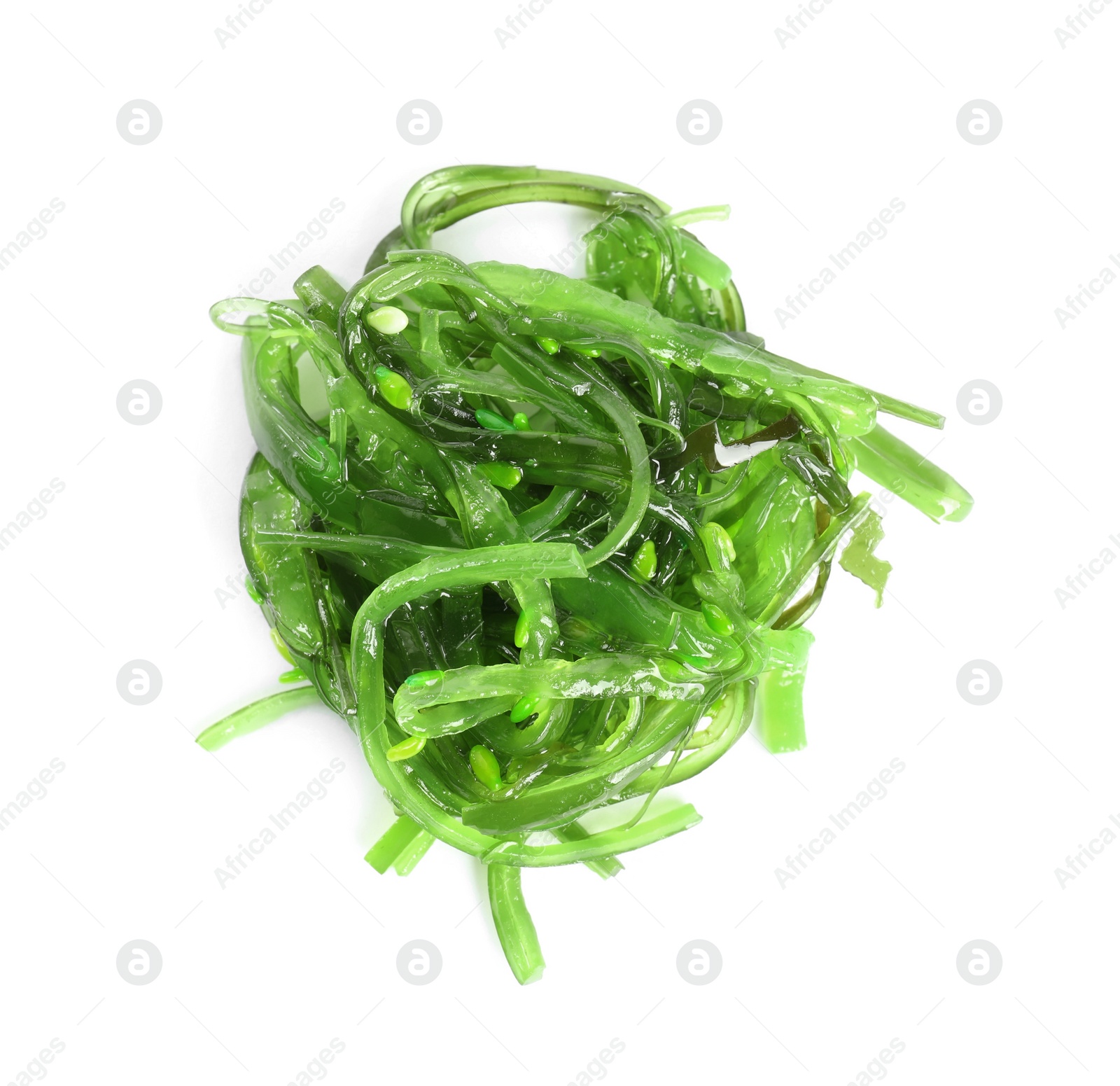 Photo of Delicious seaweed salad on white background, top view