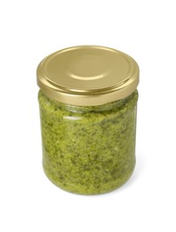 Photo of Delicious pesto sauce in jar isolated on white