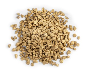 Pile of gold nuggets on white background, top view
