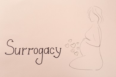 Pregnant woman figure and word Surrogacy written on pale pink background, top view