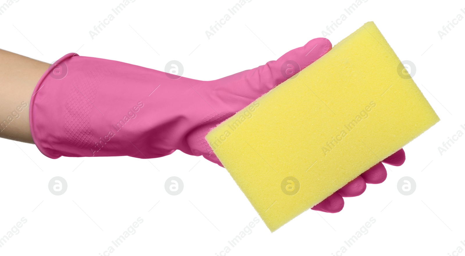 Photo of Cleaner in rubber glove holding new yellow sponge on white background, closeup