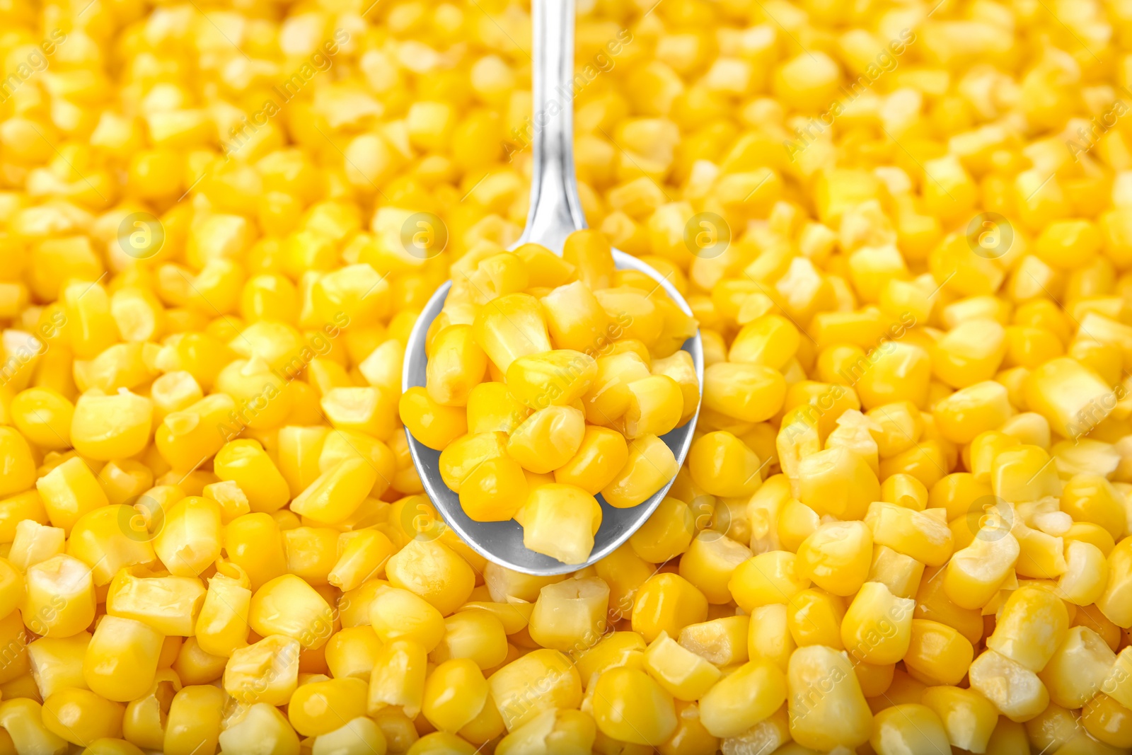 Photo of Frozen corn and spoon, closeup. Vegetable preservation