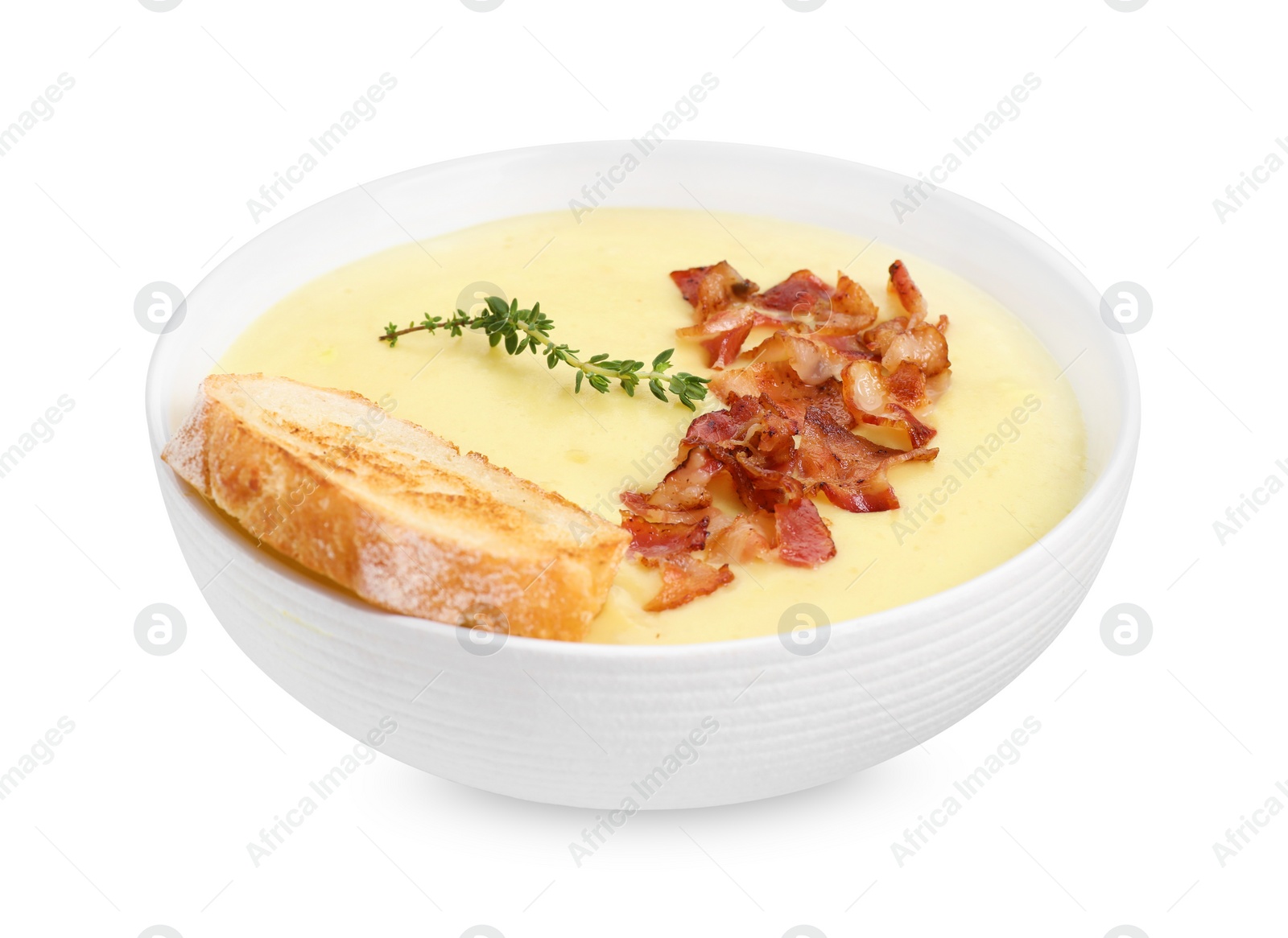 Photo of Tasty potato soup with bacon and crouton in bowl isolated on white