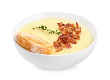 Photo of Tasty potato soup with bacon and crouton in bowl isolated on white