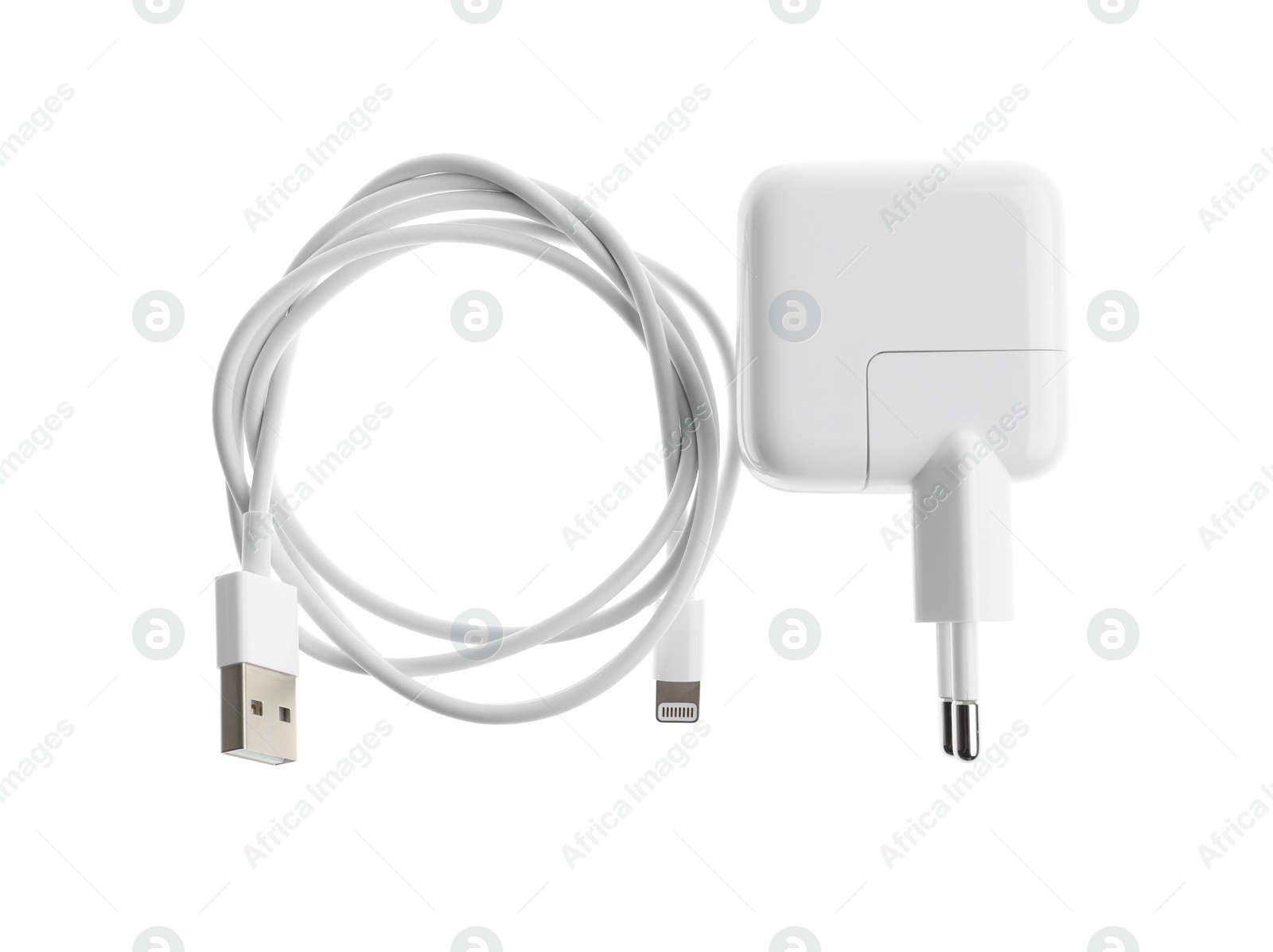 Photo of USB charger isolated on white, top view. Modern technology