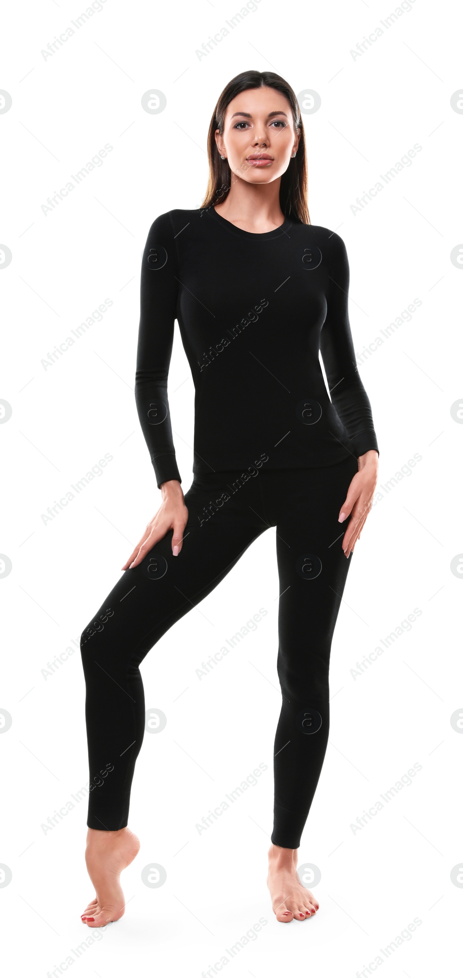 Photo of Woman wearing thermal underwear isolated on white