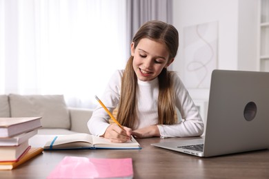 Photo of E-learning. Cute girl taking notes during online lesson at table indoors