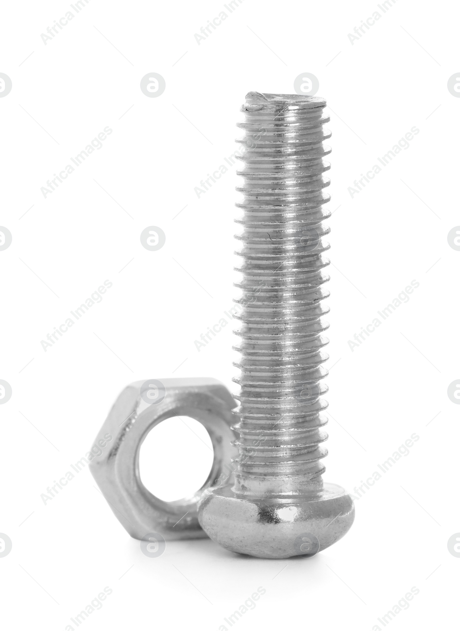 Photo of Metal carriage bolt and hex nut on white background