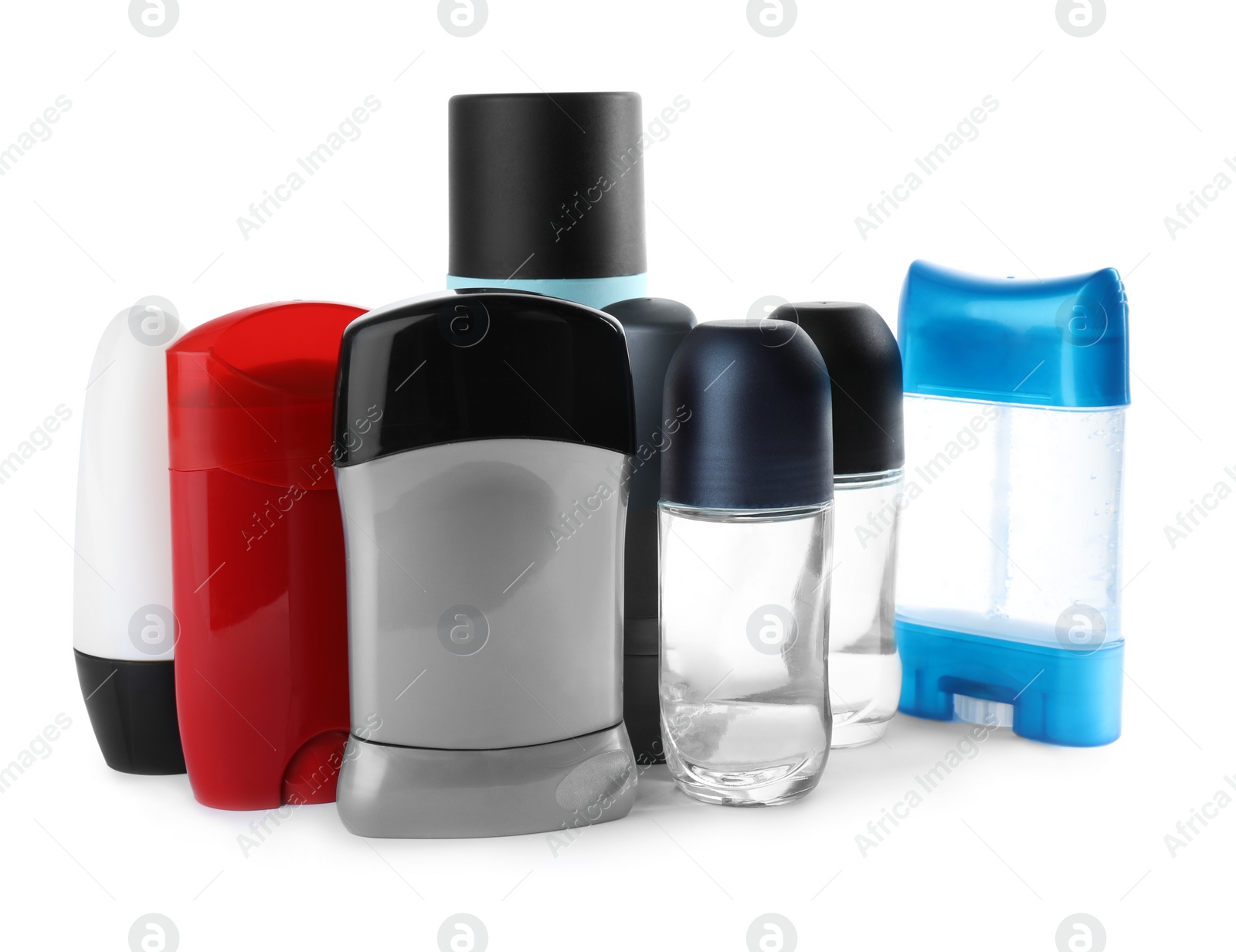 Photo of Set of different male deodorants on white background
