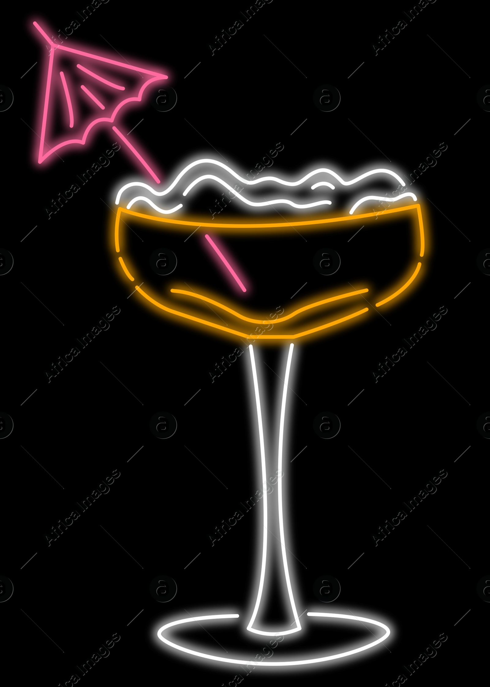 Illustration of Cocktail glowing neon sign on black background