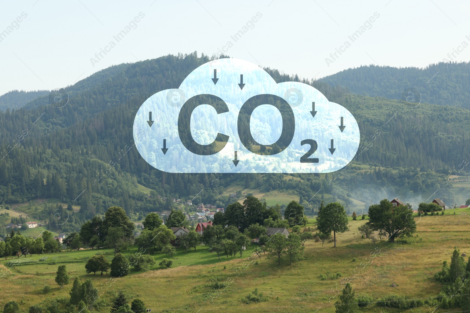 Image of Reduce CO2 emissions. Illustration of cloud with CO2 inscription, arrows and beautiful mountain landscape