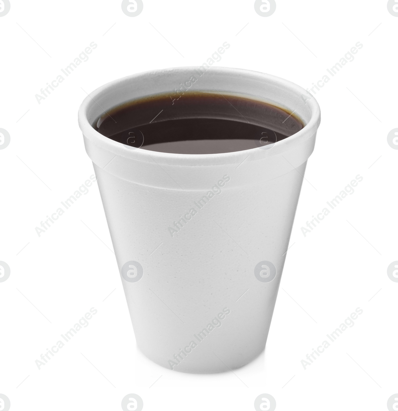 Photo of Styrofoam cup with coffee isolated on white