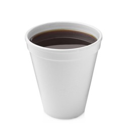 Photo of Styrofoam cup with coffee isolated on white