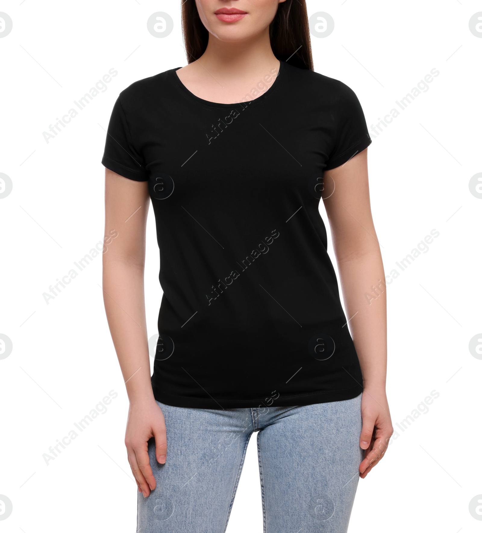 Photo of Woman wearing stylish black T-shirt on white background, closeup