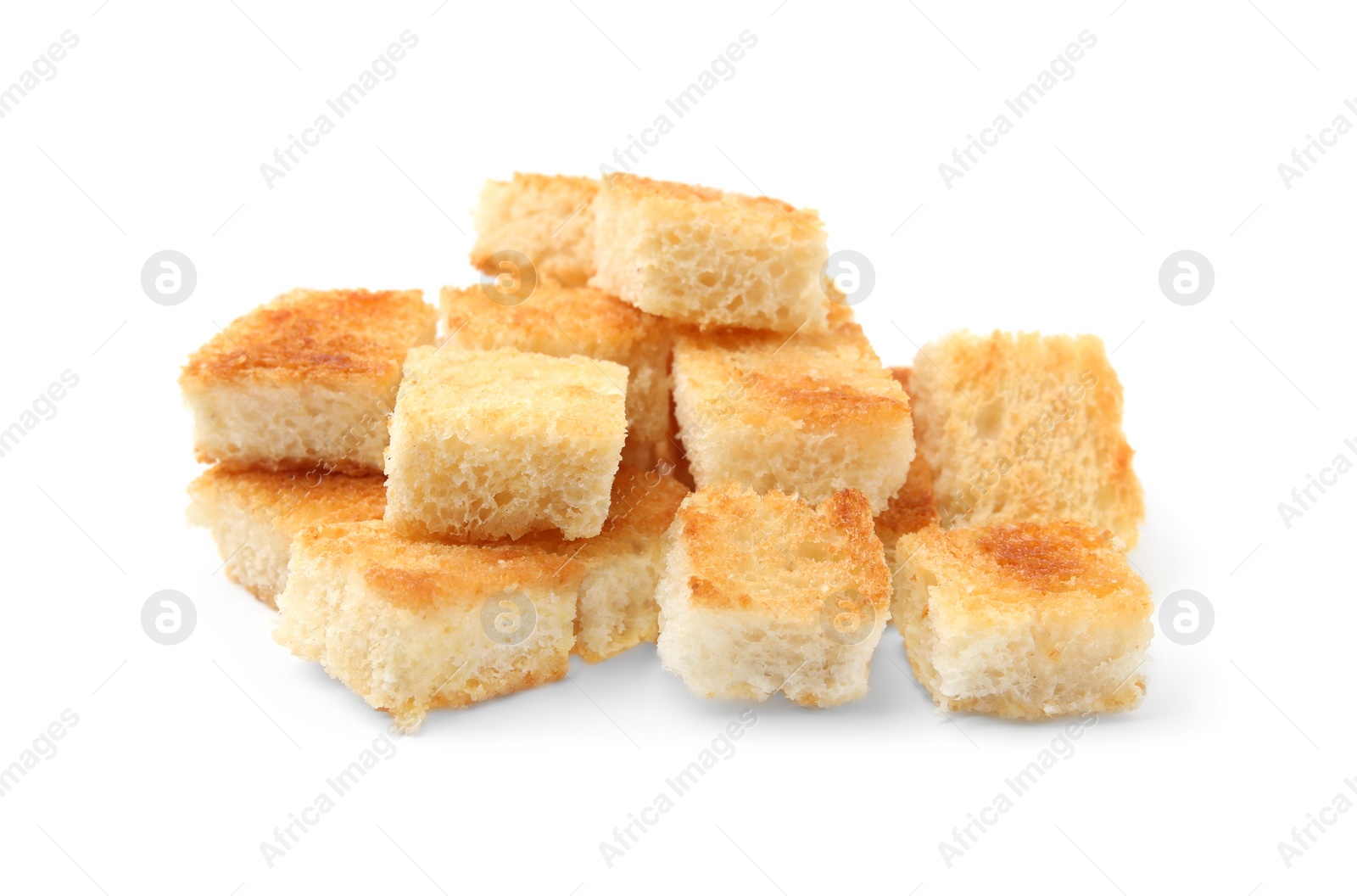 Photo of Pile of delicious crispy croutons on white background